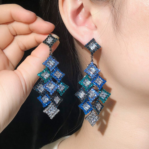 Royal Blue Cubic Zirconia Big Long Black Gold Geometry Dangling Drop Earrings