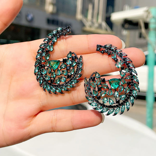 Black Gold Green CZ Crystal Women Big Statement Dangle Drop Earrings