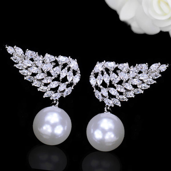 Korean Marquise Crystal Big Angel Wings Simulated Pearl Drop Earrings
