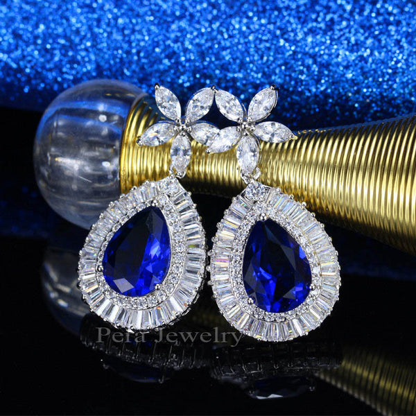 Big Flower Water Dropping Christmas Party Cubic Zirconia Blue Earrings