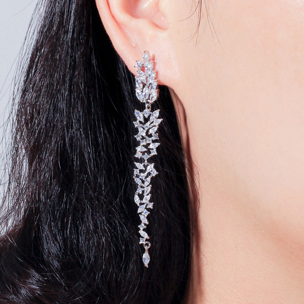 Elegant White Leaf Long Dangle Hanging Drop Bride Earrings