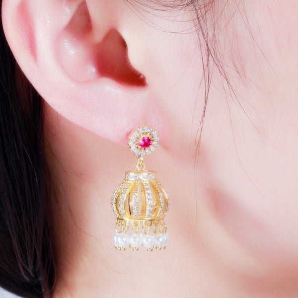 Colorful CZ Paved Vintage Gold Color Crown Shape Tassel Big Dangling Pearl Drop Earrings