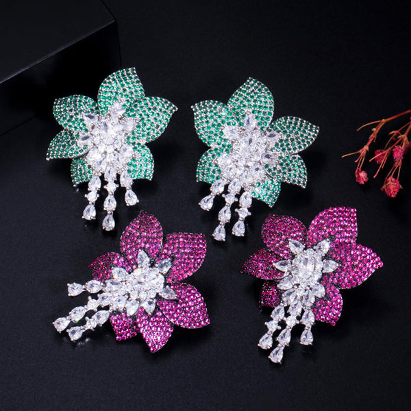 Light Green CZ Paved Large Leaf and Flower Dangling Tassel Drop Earrings