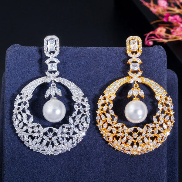 Glitter White Bohemian Bridal Cubic Zirconia Jewelry With Round Pearl Dangling Long Earrings
