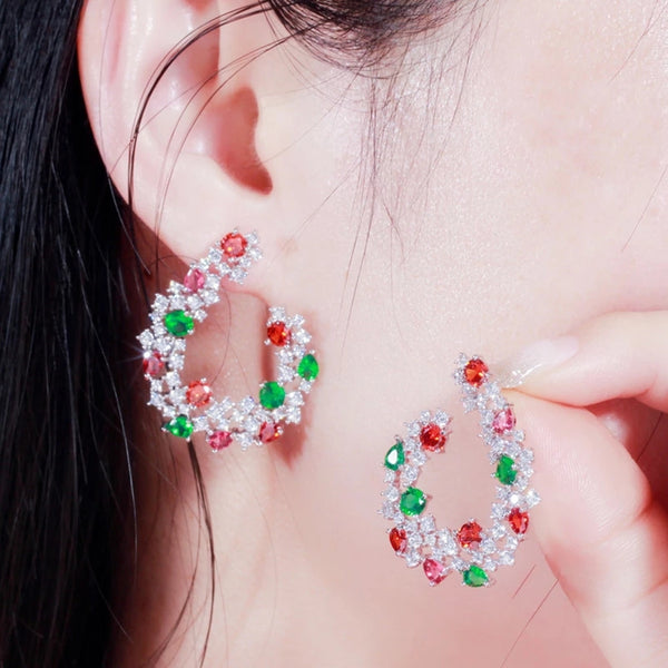 Stunning Colorful CZ Geometric Large Statement Round Wedding Women Earrings