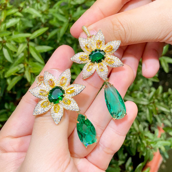 Green Crystal Yellow Gold Long Big Sunflower and Waterdrop CZ Dangle Earring
