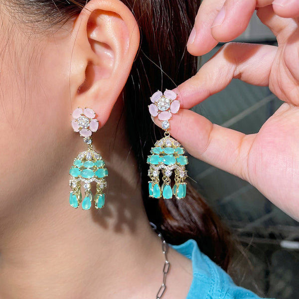 Pendientes vintage con forma de campana de viento, con cristales de circonita cúbica, flor rosa, borla larga y gota de agua azul claro
