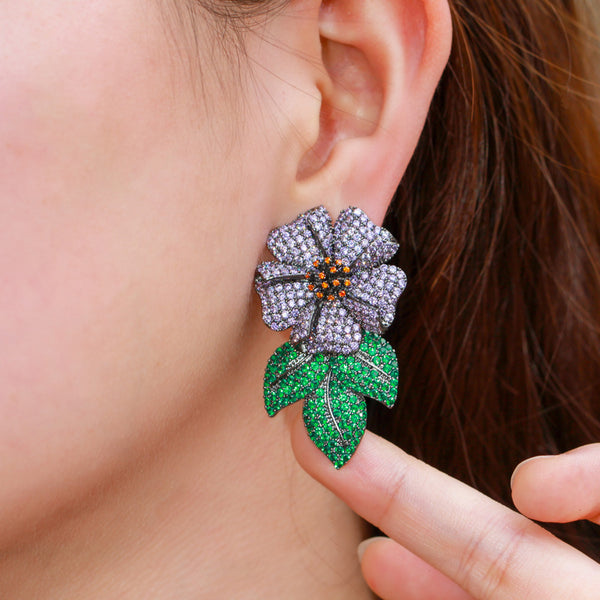 Long Big Dangle Flower Leaf Shape Purple Green CZ Zircon Black Gold Drop Earrings