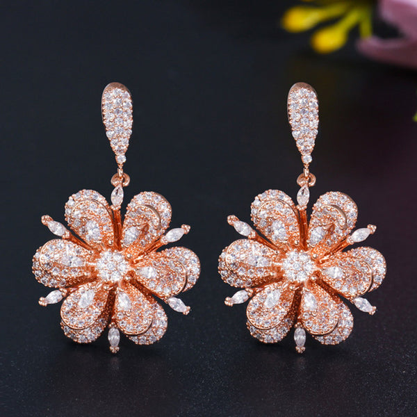 Luxury Rose Gold Micro Full CZ Stone Pave Dangle Big Blooming Flower Drop Earring