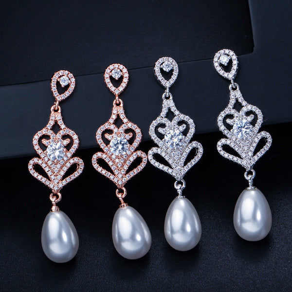 AAA+ Cubic Zirconia Mirco Pave Silver Colour Long Dangle Pearl Drop Earrings
