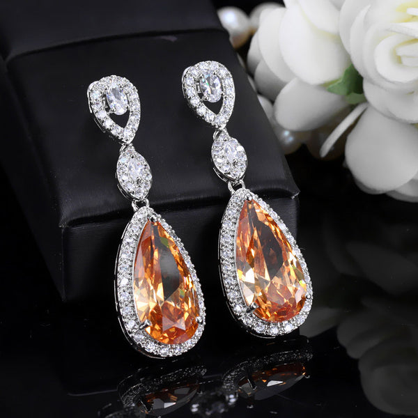 Royal Blue Cubic Zirconia Stone Paved  Long Oval Shape Hanging Drop Earrings