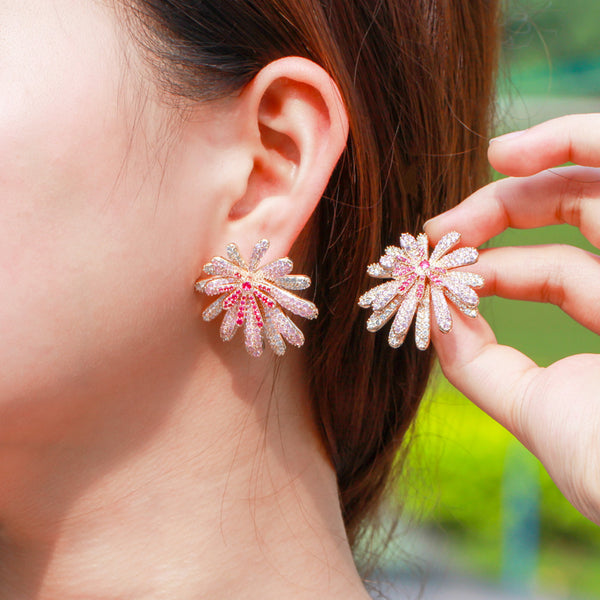 Brilliant Firework Flower Purple Red CZ Zircon Big Statement Drop Earrings