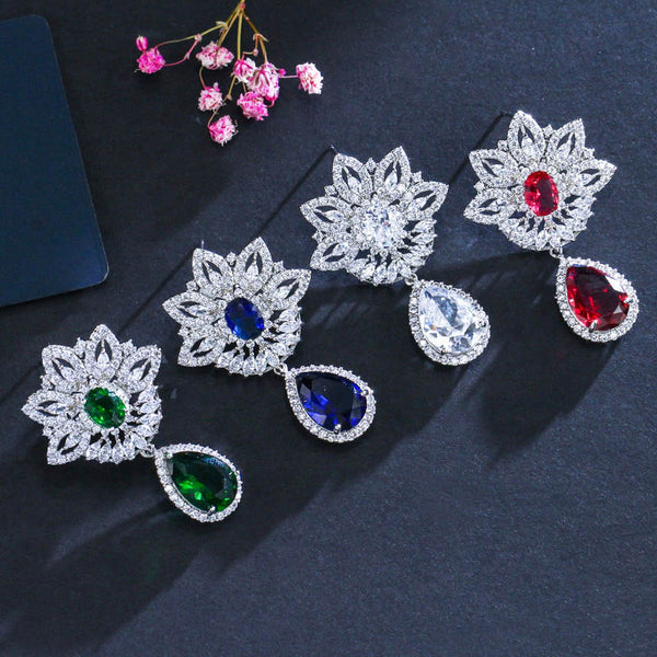 Pendientes elegantes de cristal CZ verde para mujer con flores grandes y gotas de agua