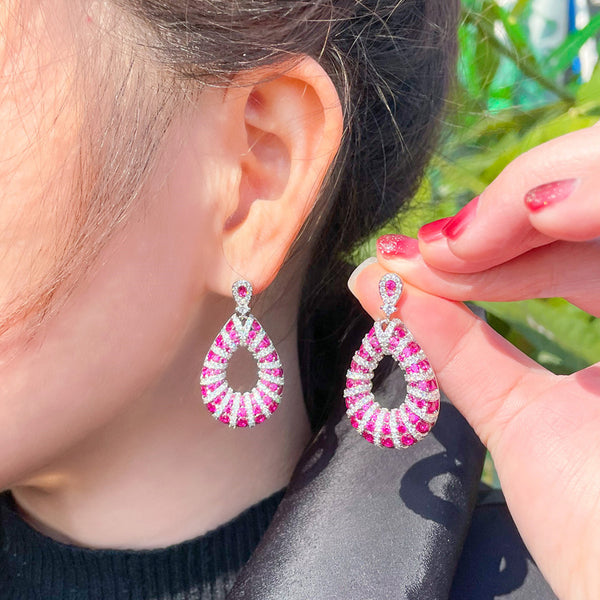 Pendientes largos colgantes estilo piruleta de cristal CZ rosa, elegantes, para bodas y fiestas