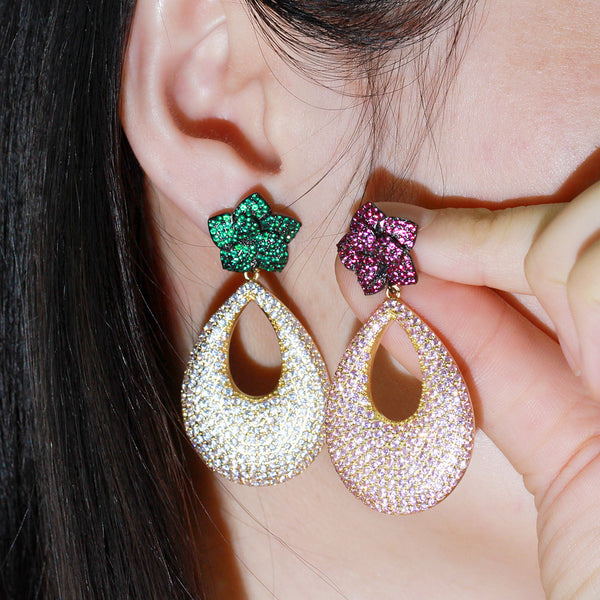 Pendientes de boda largos con micro circonita cúbica y flor verde grande, redondos y colgantes