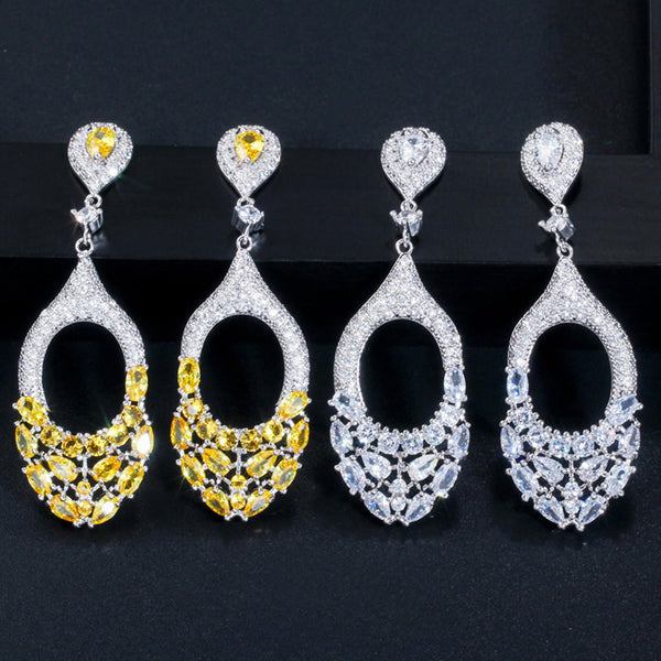 Pendientes colgantes largos, redondos y grandes de circonita cúbica blanca con corte hueco bohemio