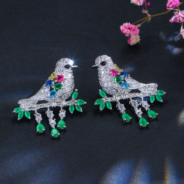 Pendientes colgantes con forma de golondrinas de circonita cúbica amarilla, roja y verde