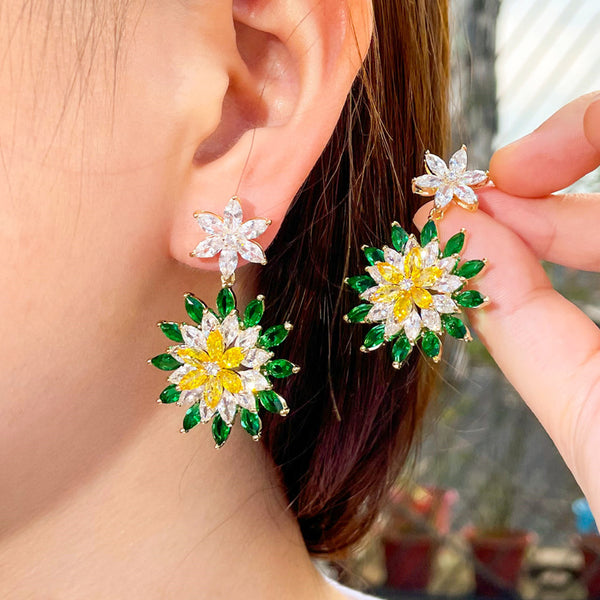 Pendientes largos colgantes con girasol grande, chapados en oro y cristales de circonita cúbica amarilla