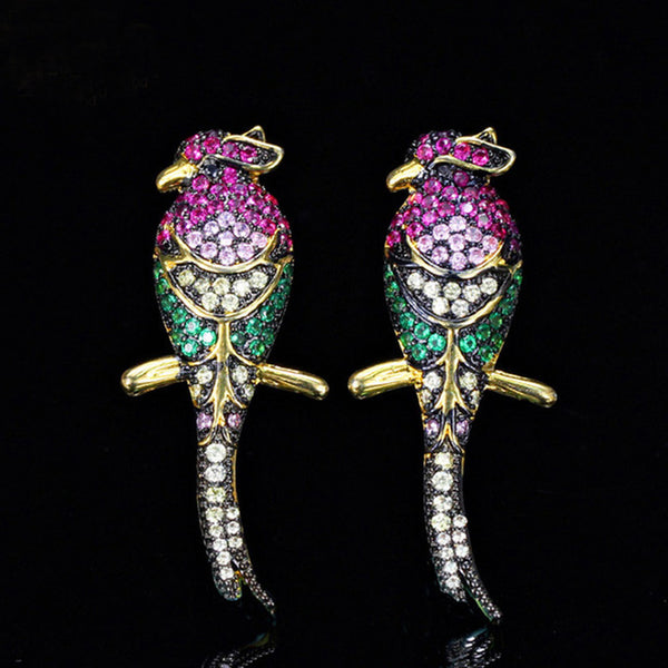 Pendiente largo colgante con forma de pájaro grande, rosa, rojo, morado y blanco, con engaste de circonitas cúbicas