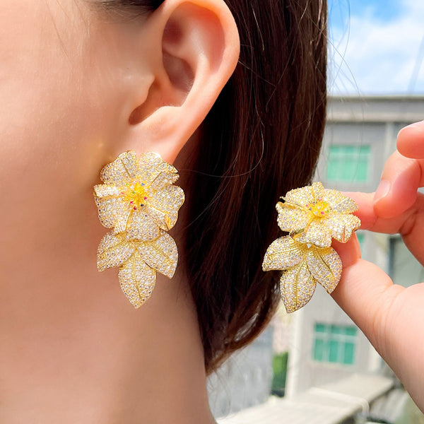 Pendientes largos de lujo de Dubái con forma de hoja y flor grande, con circonita cúbica, para mujer, para banquetes y fiestas