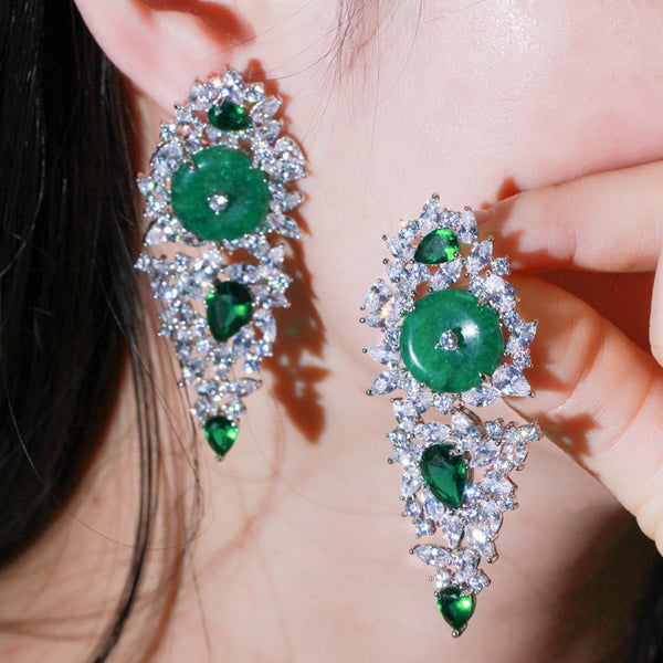 Fashion Design Big Round Green CZ Crystal  Long Statement Dangle Earrings