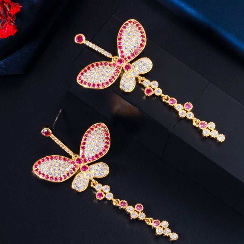 Butterfly  Fuchsia Red Cubic Zirconia Yellow Gold Long Dangle Earrings for Women