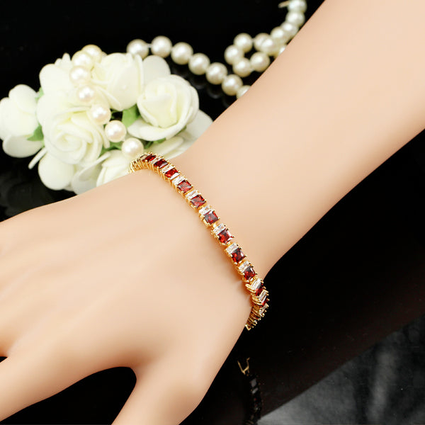 Classic Red and White Square Cut Cubic Zirconia Yellow Gold Color Tennis Link Bracelets