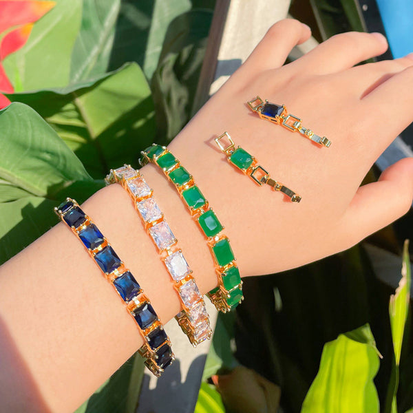 Pulseras clásicas de eslabones de cadena de tenis de oro amarillo con circonita cúbica de corte princesa