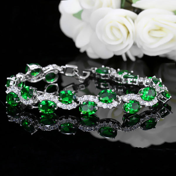Pulsera de tenis con circonita cúbica verde en forma de S, color oro blanco, a la moda
