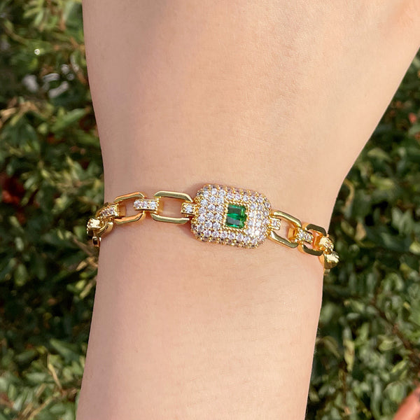 Pulseras ajustables de circonita cúbica verde dorada con dije cuadrado para mujer
