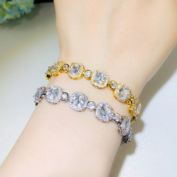 Pulsera de tenis con cadena de oro amarillo y circonitas cúbicas cuadradas y brillantes de moda