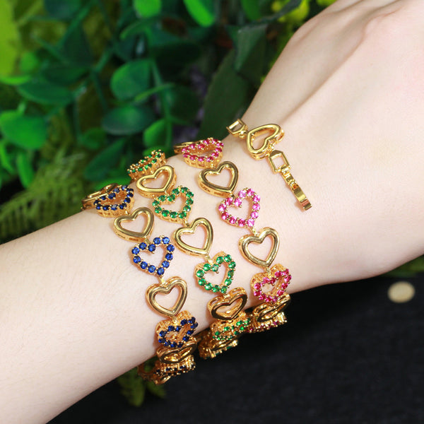 Pulseras de la amistad con eslabones de corazón románticos de circonita cúbica rosa y azul