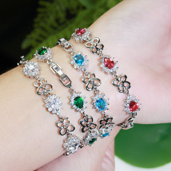 Hermosas pulseras de mano ajustables para novias con cadena de eslabones de flores de cristal CZ rojo y azul claro