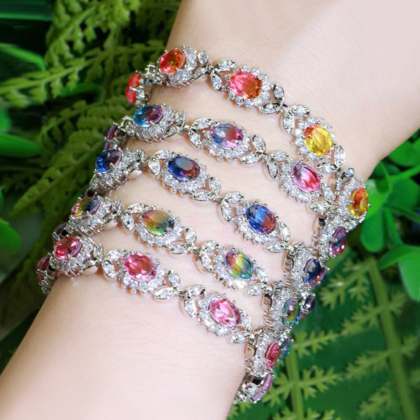 Hermosa pulsera de tenis con eslabones de cadena y flores de circonita cúbica arcoíris ovalada grande