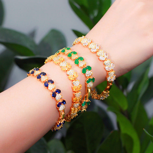 Unusual Heart Flower Charm Cubic Zirconia Dubai Gold Tennis Link Chain Bracelet
