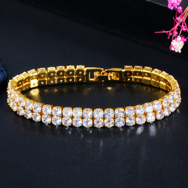 Pulseras clásicas de tenis para mujer con circonitas cúbicas blancas redondas de doble fila en oro de Dubái 585