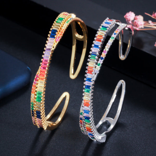 Brazaletes ajustables tipo baguette con circonitas cúbicas de colores dorados