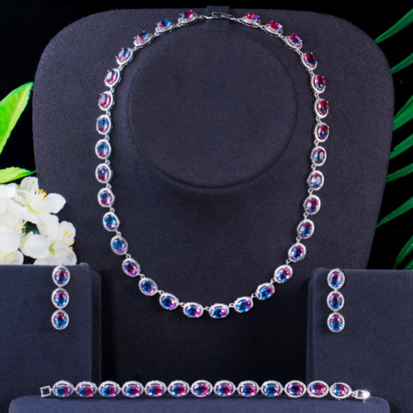 Conjunto de 3 gargantillas de cristal CZ ovalado con arcoíris brillante