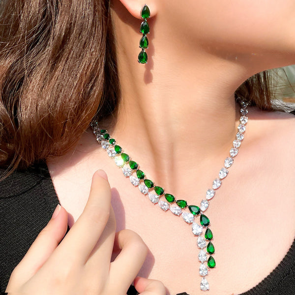Conjunto de collar y pendientes con colgante doble de gota de agua larga de cristal verde