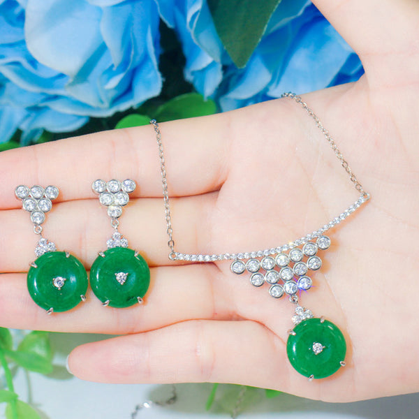 Conjunto de collar y pendientes con colgante de círculo grande y redondo de cristal de circonita verde vintage