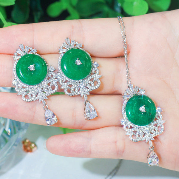 Conjunto de joyería con pendientes largos, elegantes, redondos y grandes de color verde