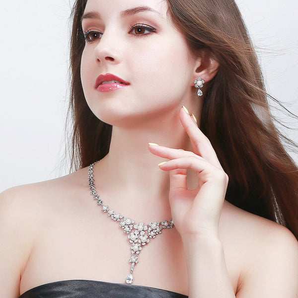 Conjuntos de joyas románticas con perlas y flores largas para mujer