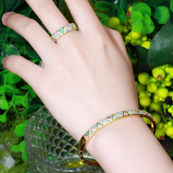 Hermoso conjunto de joyas de boda en oro de Dubái con circonitas cúbicas en azul claro y verde