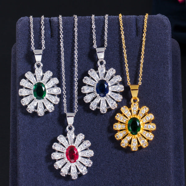 Precioso conjunto de lujo con colgante, collar, pendientes y anillo de oro de Dubái con circonitas verdes y flores
