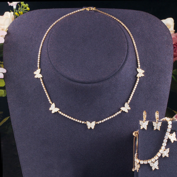 Conjunto de 3 piezas de joyería con cadena, collar, pendientes y pulsera de mariposa para mujer