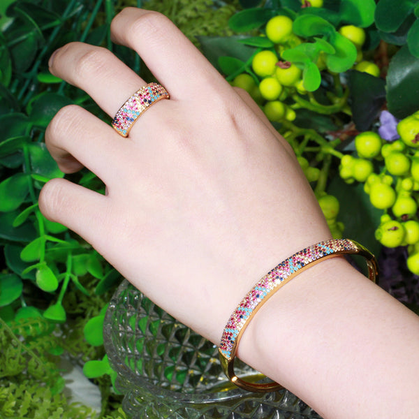 Conjunto de joyería de lujo para mujer, con brazalete y anillo de oro 585 y circonita cúbica azul real y roja.