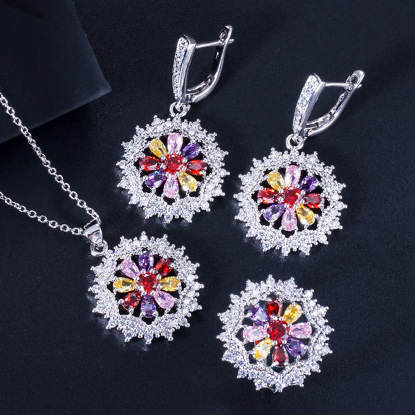 Hermoso conjunto de joyas de 3 piezas con girasol grande y circonitas cúbicas de colores