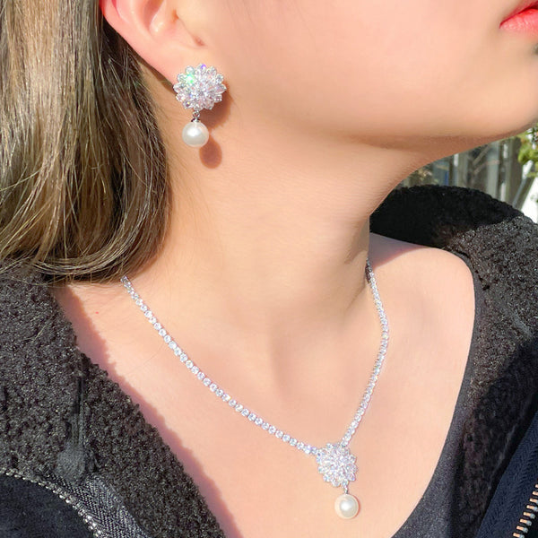 Conjunto de joyería para mujer con colgante largo de perla y borlas, collar y pendientes