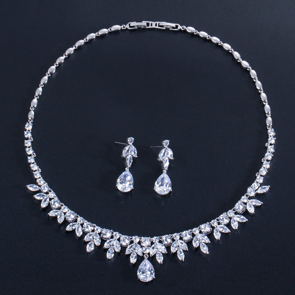 Conjuntos de joyería americana de lujo con forma de marquesa, color oro blanco, circonita cúbica de alta calidad.