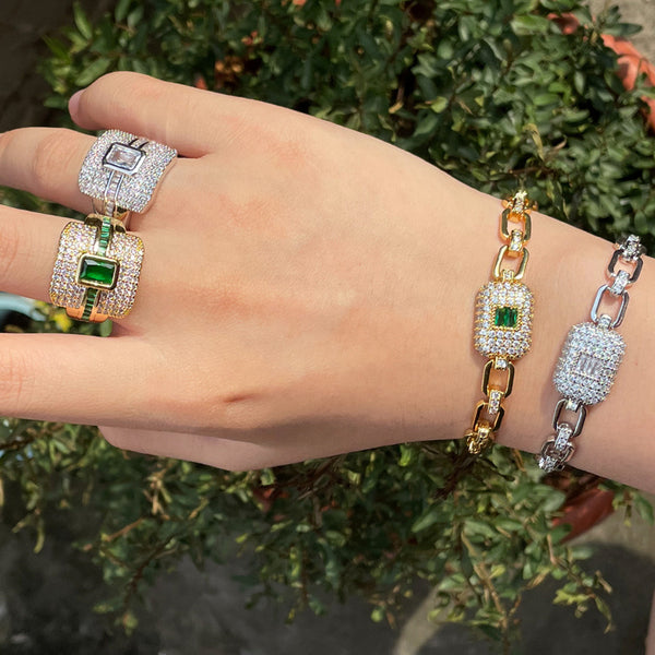 Conjunto de pulsera y anillo de eslabones cuadrados clásicos con cristales de circonita cúbica verde y dorado para fiesta